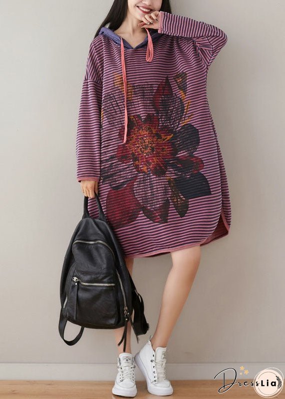 Plus Size Purple Hooded Striped Print Cotton Sweatshirt Dress Spring