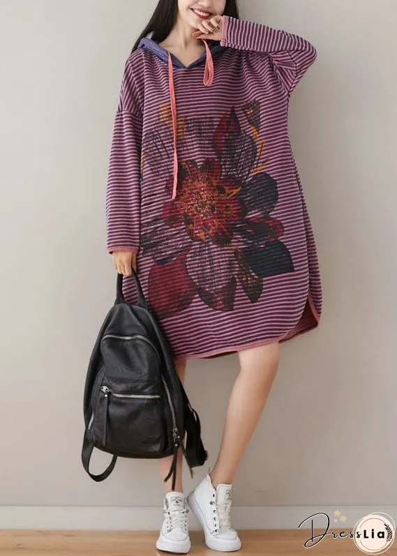 Plus Size Purple Hooded Striped Print Cotton Sweatshirt Dress Spring