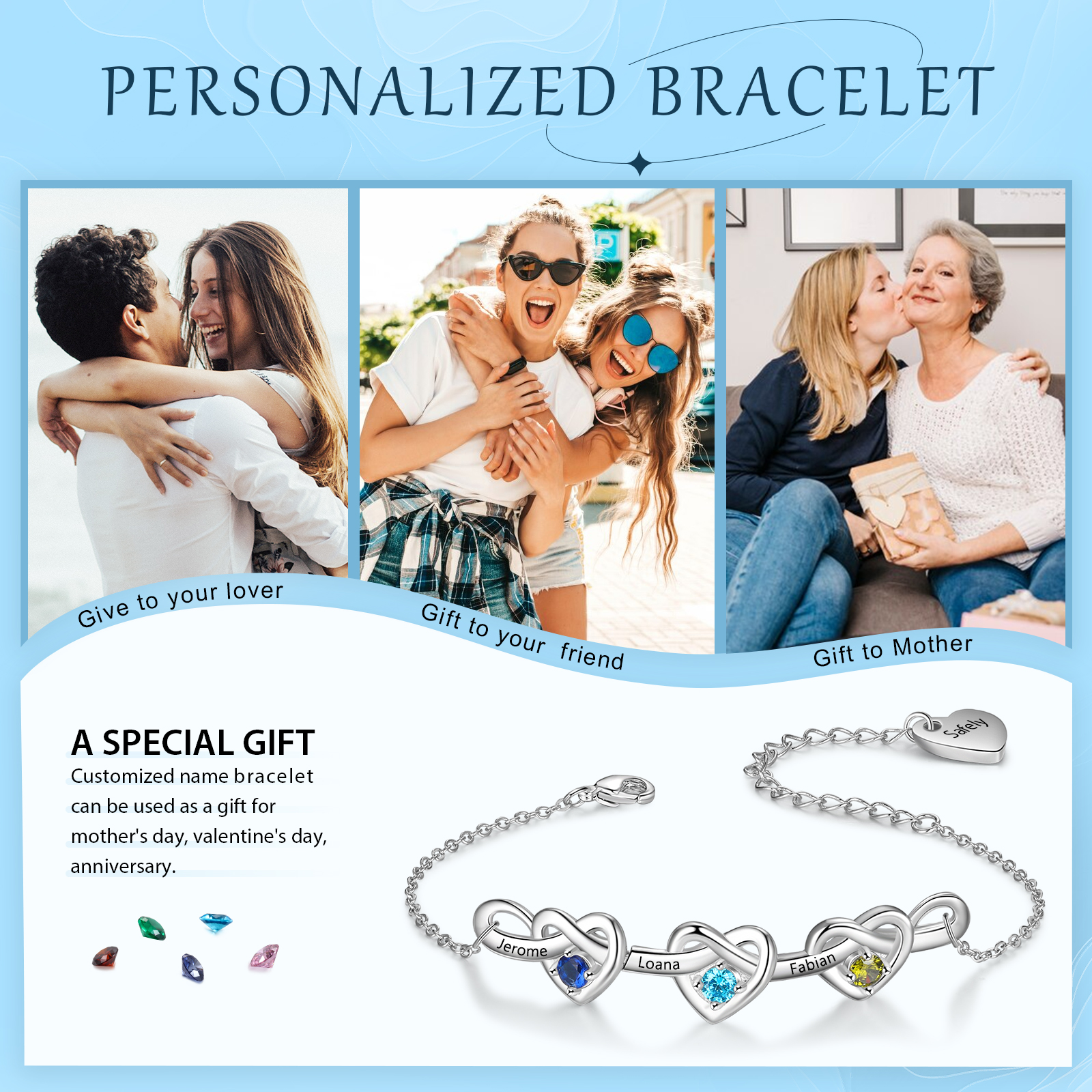 Braccialetto da cuore a cuore personalizzato con 3 pietre di nascita e 3 nomi personalizzati regalo per donna