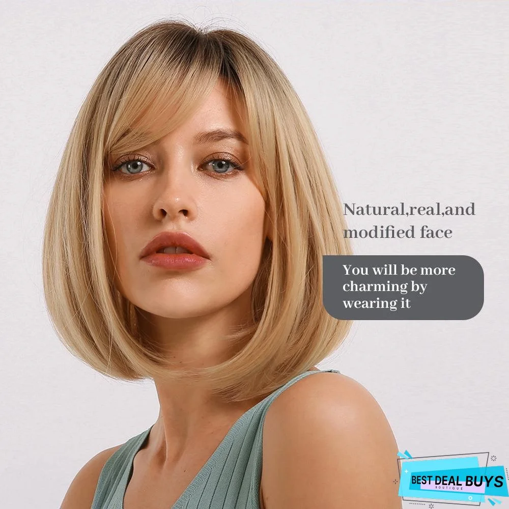 Dark Brown Short Bob Hair Wigs with Bangs Synthetic Wig