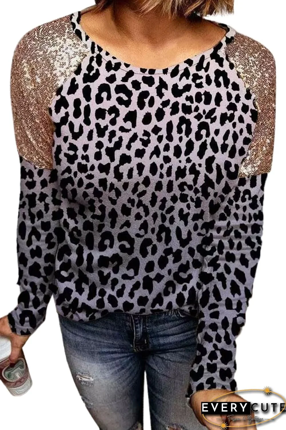 Sequin Shoulder Splicing Leopard Long Sleeve Top