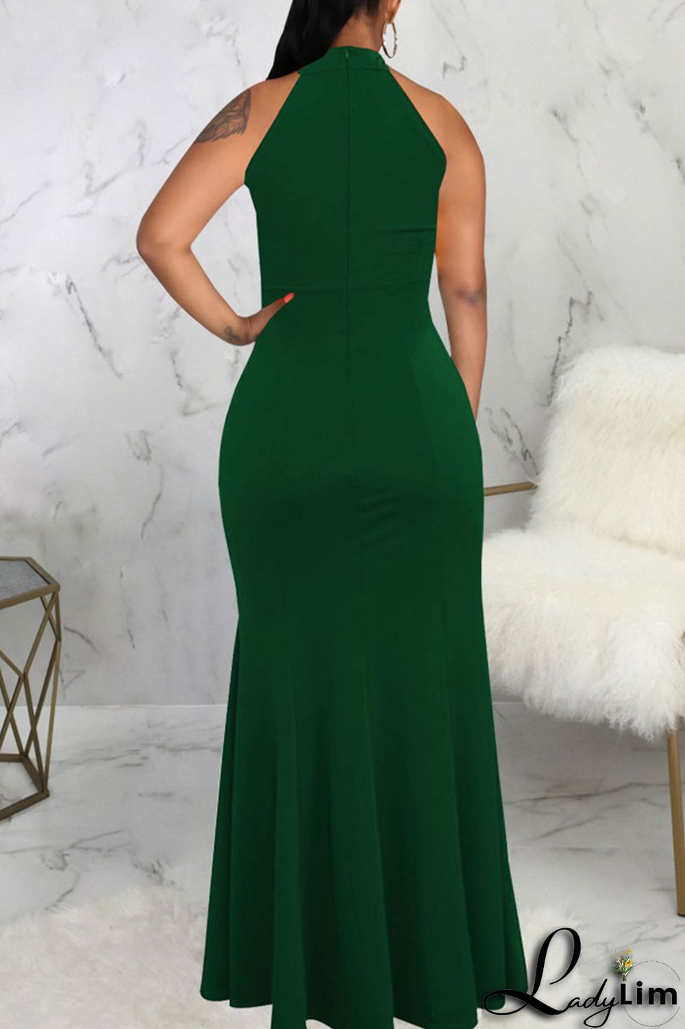 Dark Green Elegant Solid Patchwork Half A Turtleneck Evening Dress Dresses