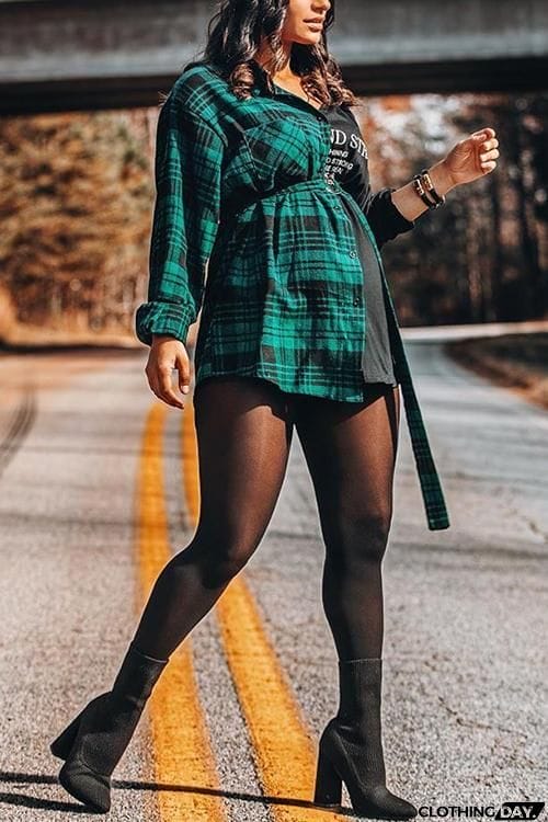 Color Splicing Button Up Shirt Dress With Belt