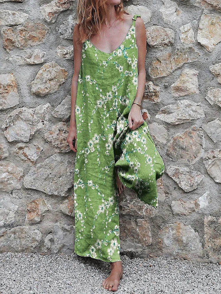 Women's Vintage Flower Print Casual Strap Wide Leg Pants