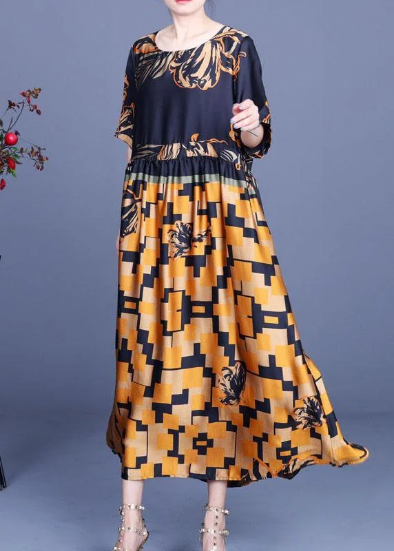 Elegant Navy Print Silk Tie Waist Mid Dress Summer