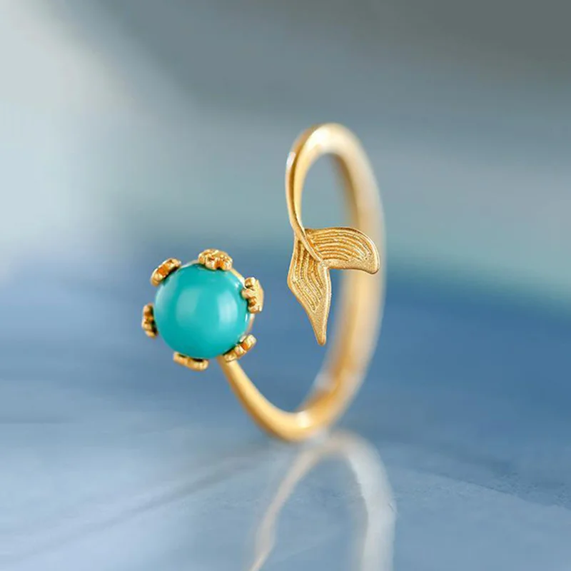  S925 Sterling Silver "Together Forever" Lucky Fish Tail Ring – Vintage Courtly Style with Sleeping Beauty Turquoise Inlay, Adjustable Open Design