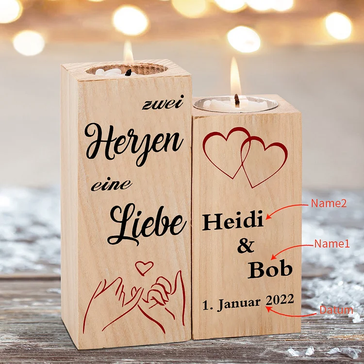 Personalisierte 2 Namen & Datum Kerzenhalter -Zwei Herzen eine Liebe- für Paare