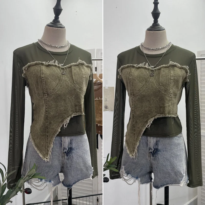 Churchf Design Feel Niche Cowboy Splicing Long-Sleeved Mesh T-Shirt Girl Summer Round Collar Dress Short Top 2617