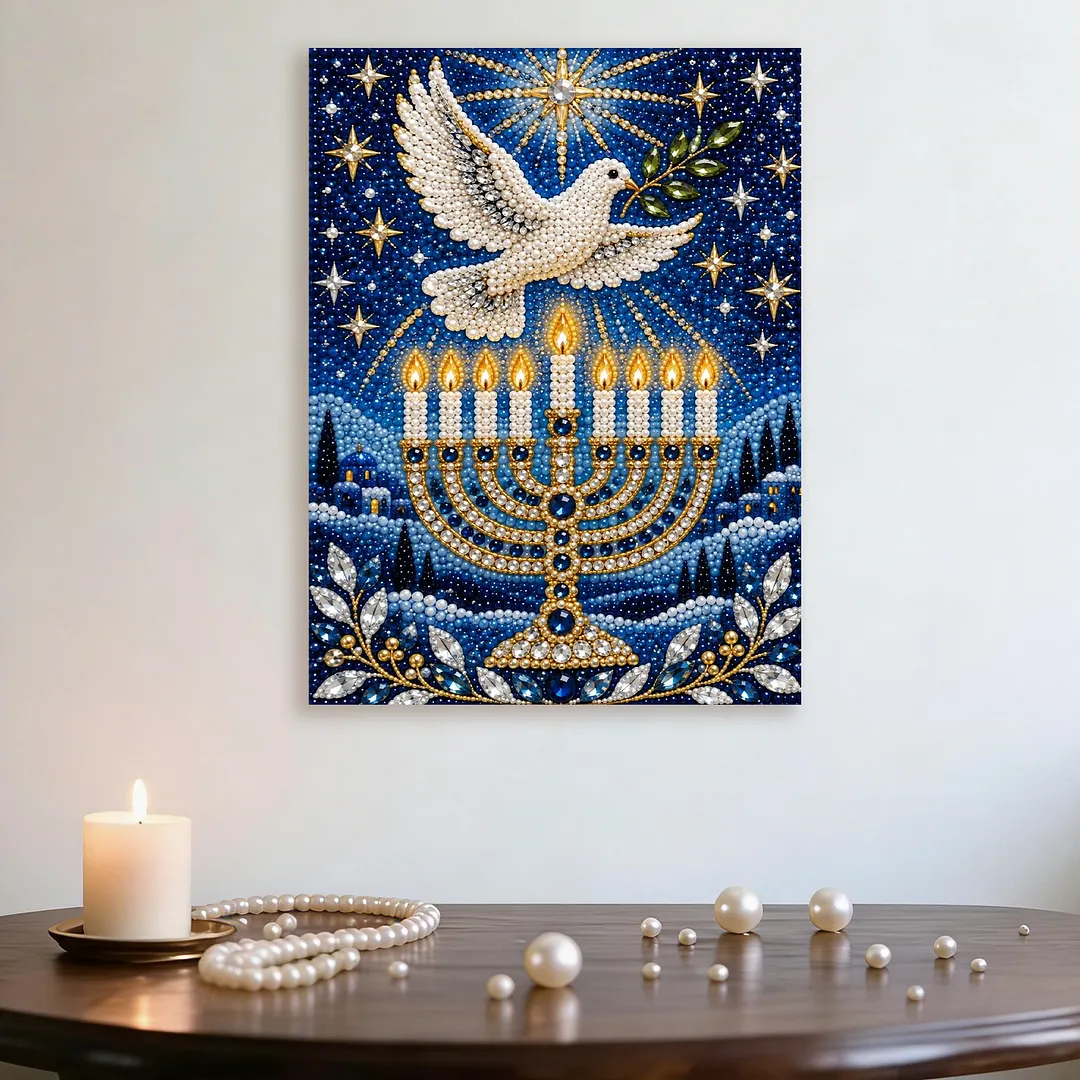Framed Pearl Painting Kit Hanukkah Menorah Dove 11.81x15.75in