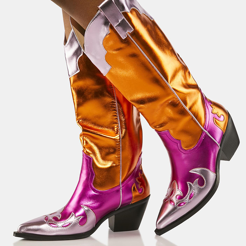 Metallic Multicolor Pointed Toe Chunky Heel Knee High Cowgirl Boots