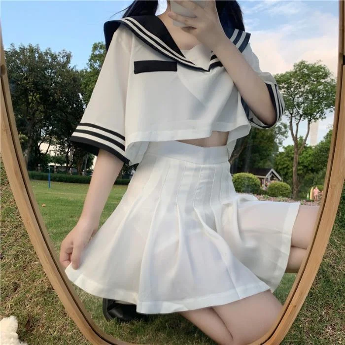 Black/White Navy Collar Top Pleated Skirt Outfit School Set SS2098