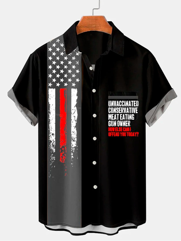 Men's Commemorating American Flag Day Pattern Short Sleeve Printed Shirt PLUSCLOTHESMAN