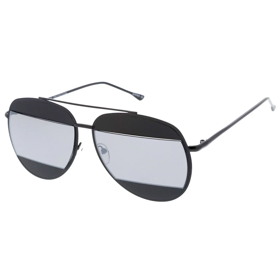 Two-Toned Metal Thin Temple Brow Bar Colored Mirror Split Lens Aviator glasses 57mm