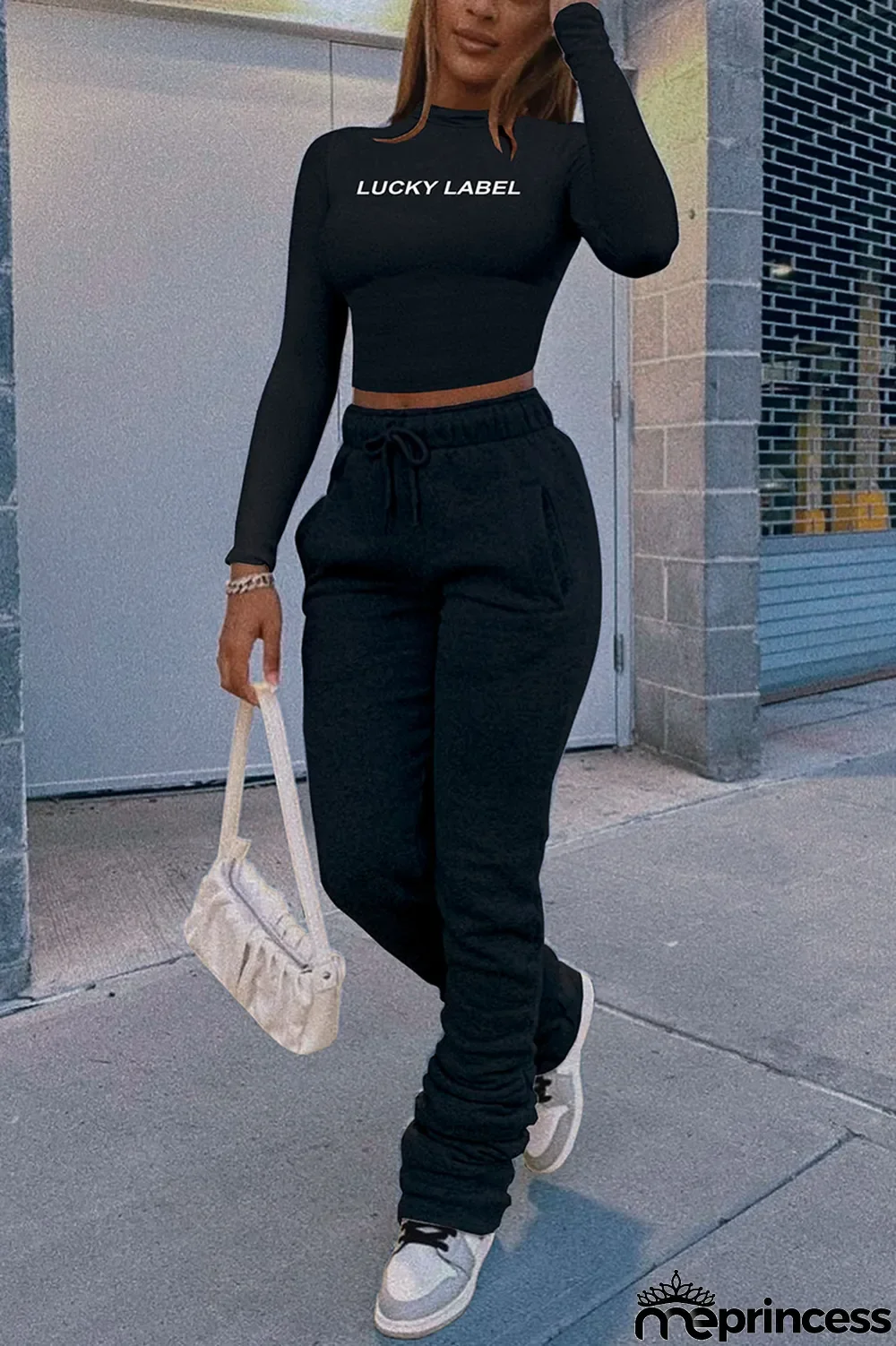 Black Casual Print Letter Turtleneck Long Sleeve Two Pieces
