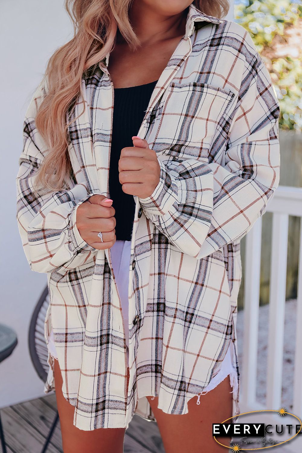 White Oversized Plaid Pattern Shacket with Slits