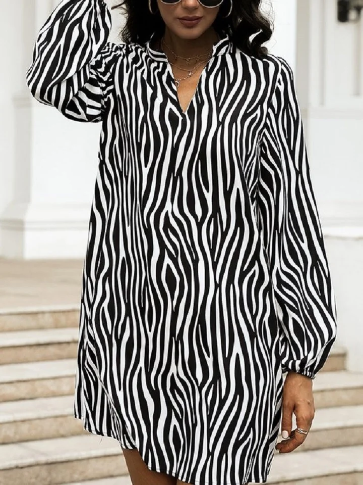 Classic Printed Long Sleeve V-Neck Slim Dress