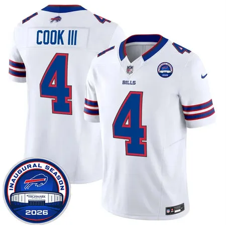 Youth Buffalo Bills #4 James Cook III White 2026 Inaugural Season at Highmark Stadium Patch Vapor F.U.S.E. Limited Jersey