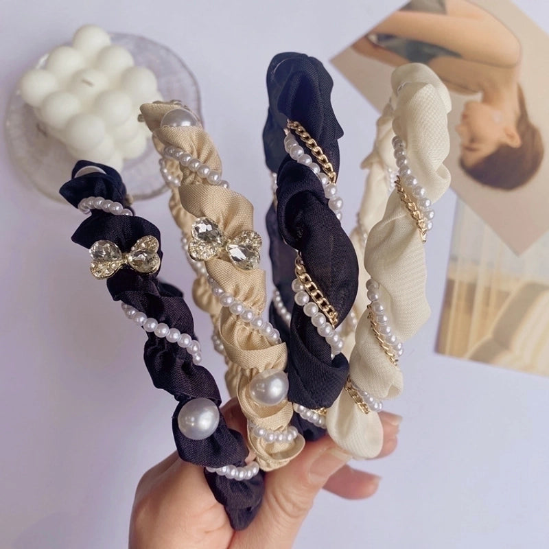 Women’s Fashion C Shape Cloth Handmade Artificial Pearls Rhinestones Hair Band