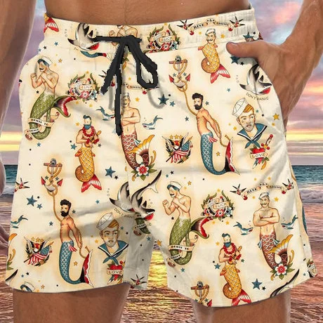 Men's Casual Mermen Pattern Drawstring Beach Shorts