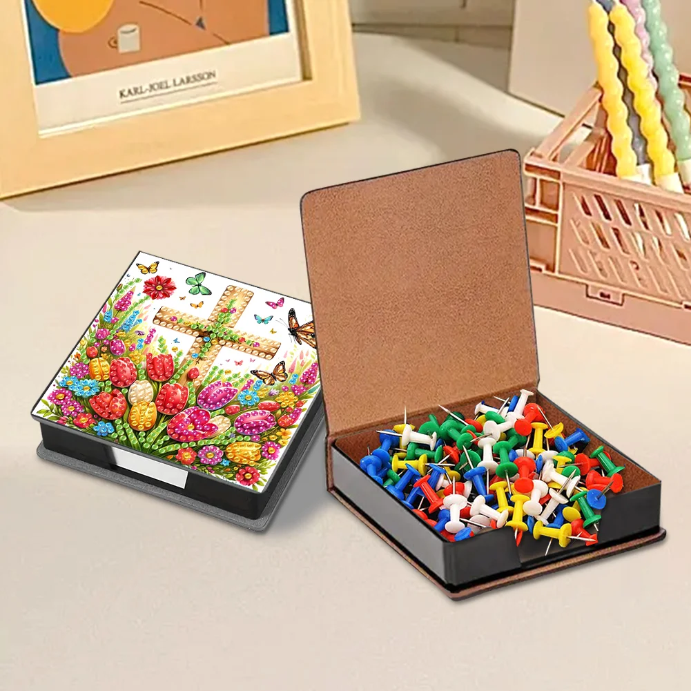 DIY Flower Cross Leather Diamond Art Note Box with 160 Sheets of Paper for Beginners
