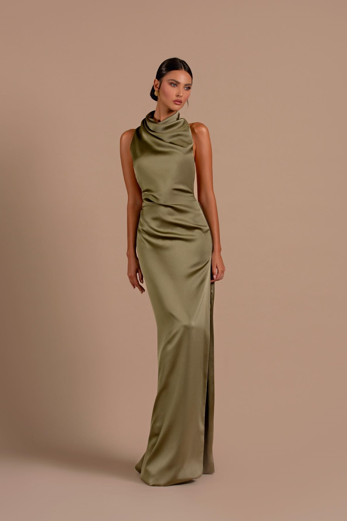 Ovlias Fabulous Sage Halter Sleeveless Slimming Satin Prom Dress MM0121