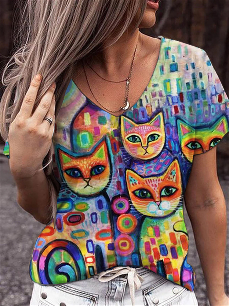 wearshes Art Cats Painting V Neck T Shirt