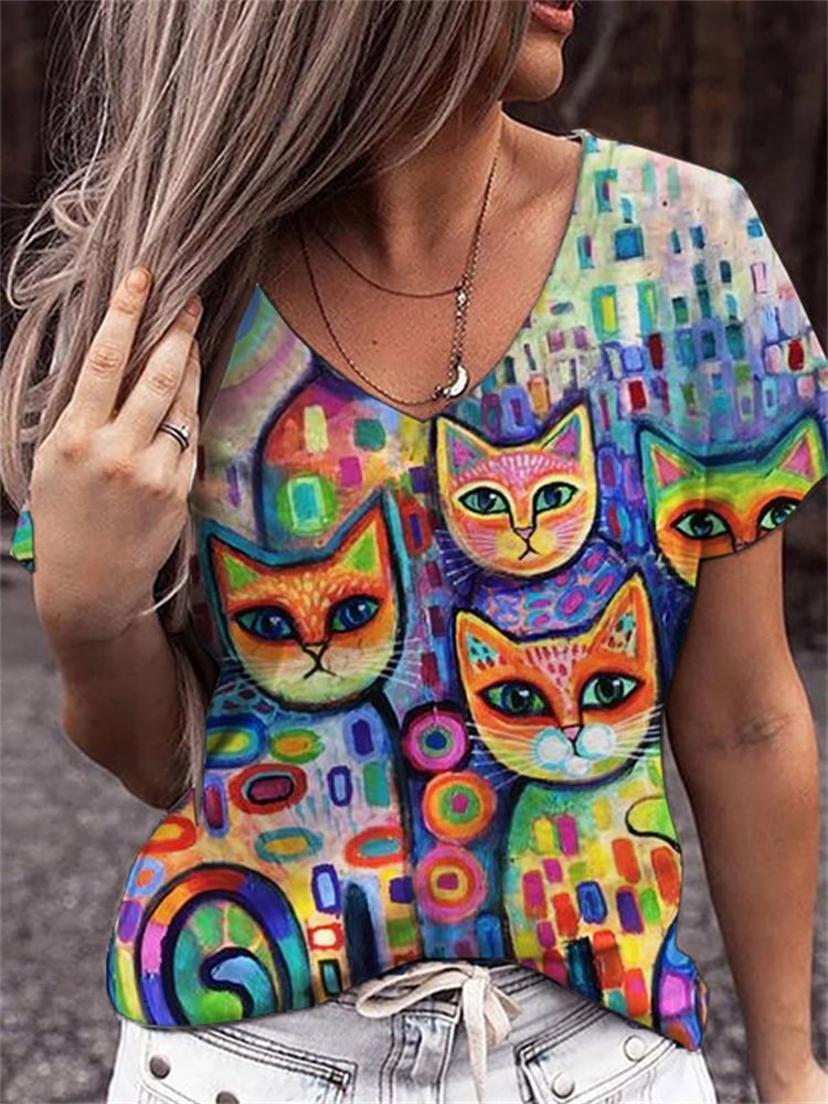 Art Cats Painting V Neck T Shirt