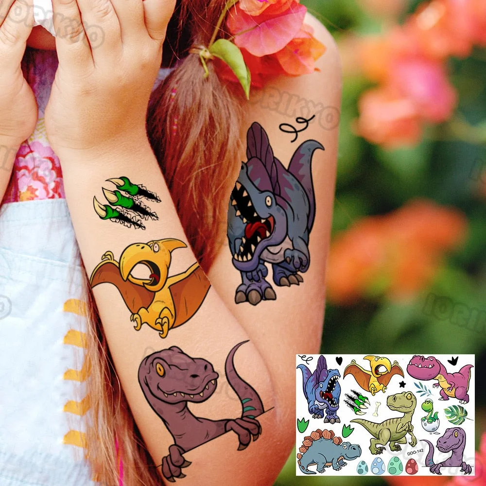 Roaring T-Rex Temporary Tattoo For Kids Boy Son Girls Fake Dinosaur Tattoo Sticker Cartoon Egg Tiny Tatoos Toddler Hands Arm