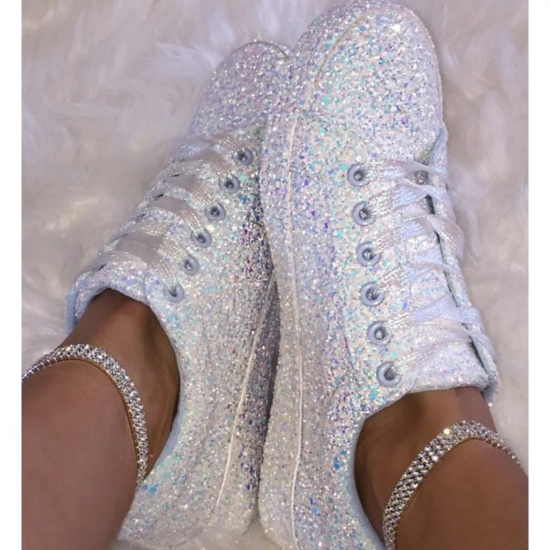 2020 Women Lace Up Sneakers Glitter Autumn Flat Vulcanized Ladies Bling Casual Female Fashion Platform Fashion Flat Shoes