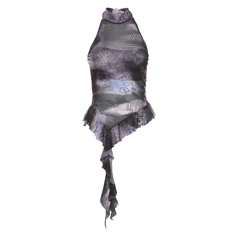 Toloer Toloer 2024 New Women's Half High Collar Flounce Sleeveless Print Mesh Slim Small Vest-Outfit Ideas