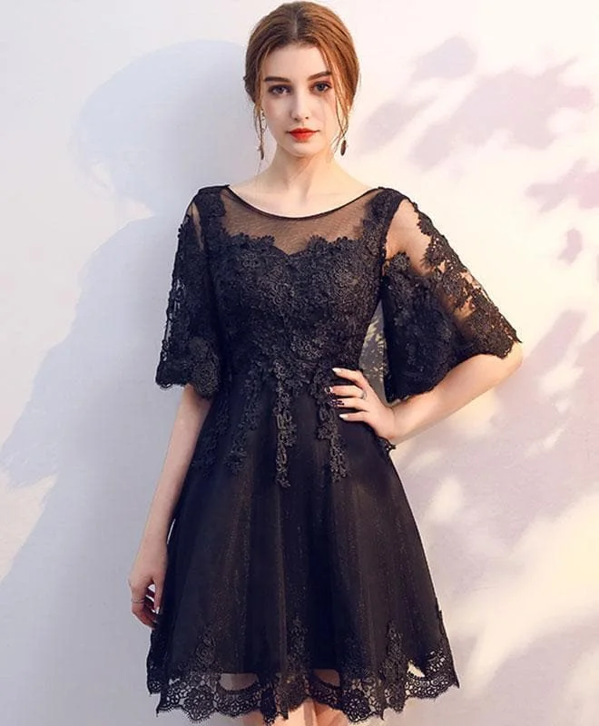 Black Round Neck Tulle Lace Short Prom Dress, Homecoming Dress
