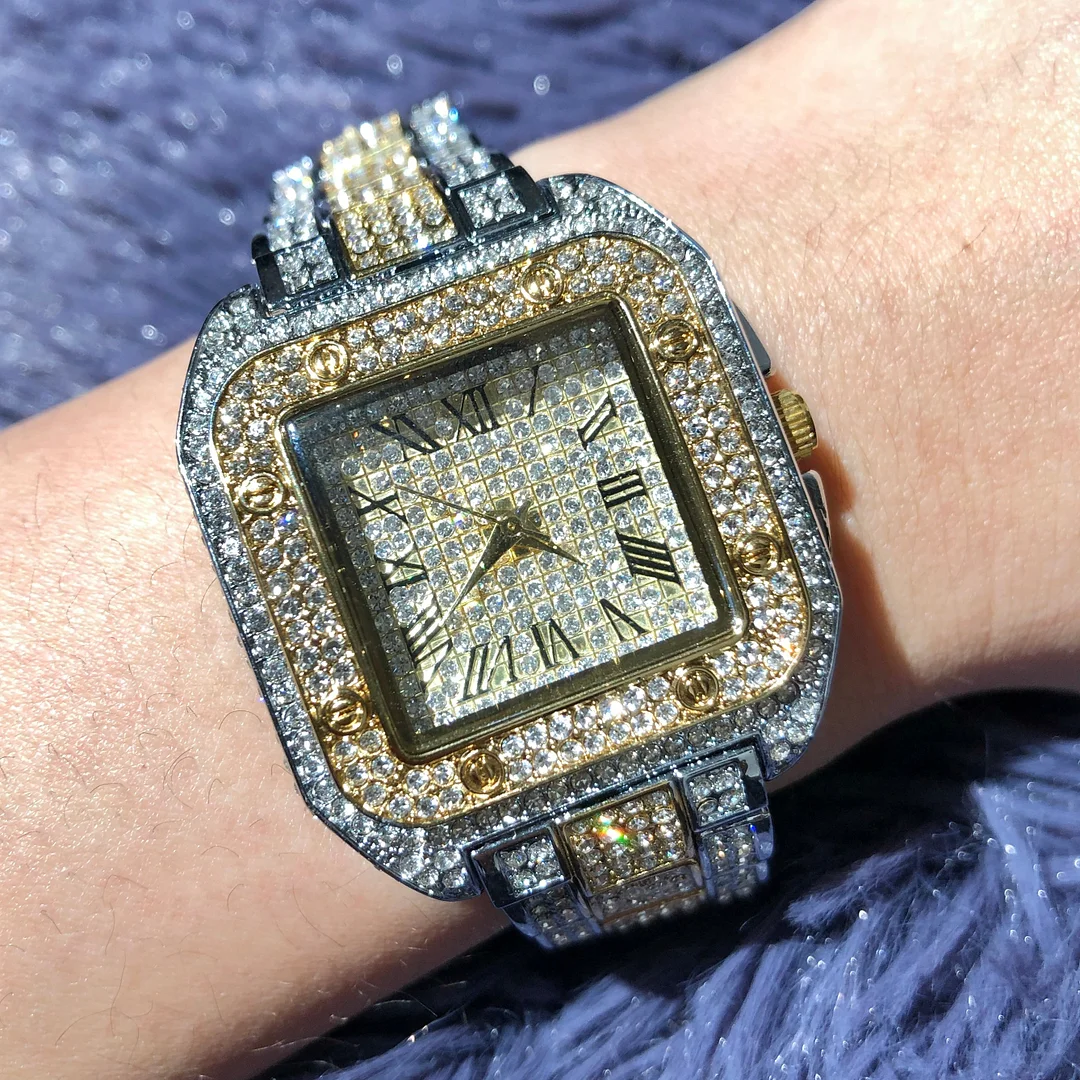 Iced Out Square Diamond Quartz Luxury Wrist Watch-VESSFUL