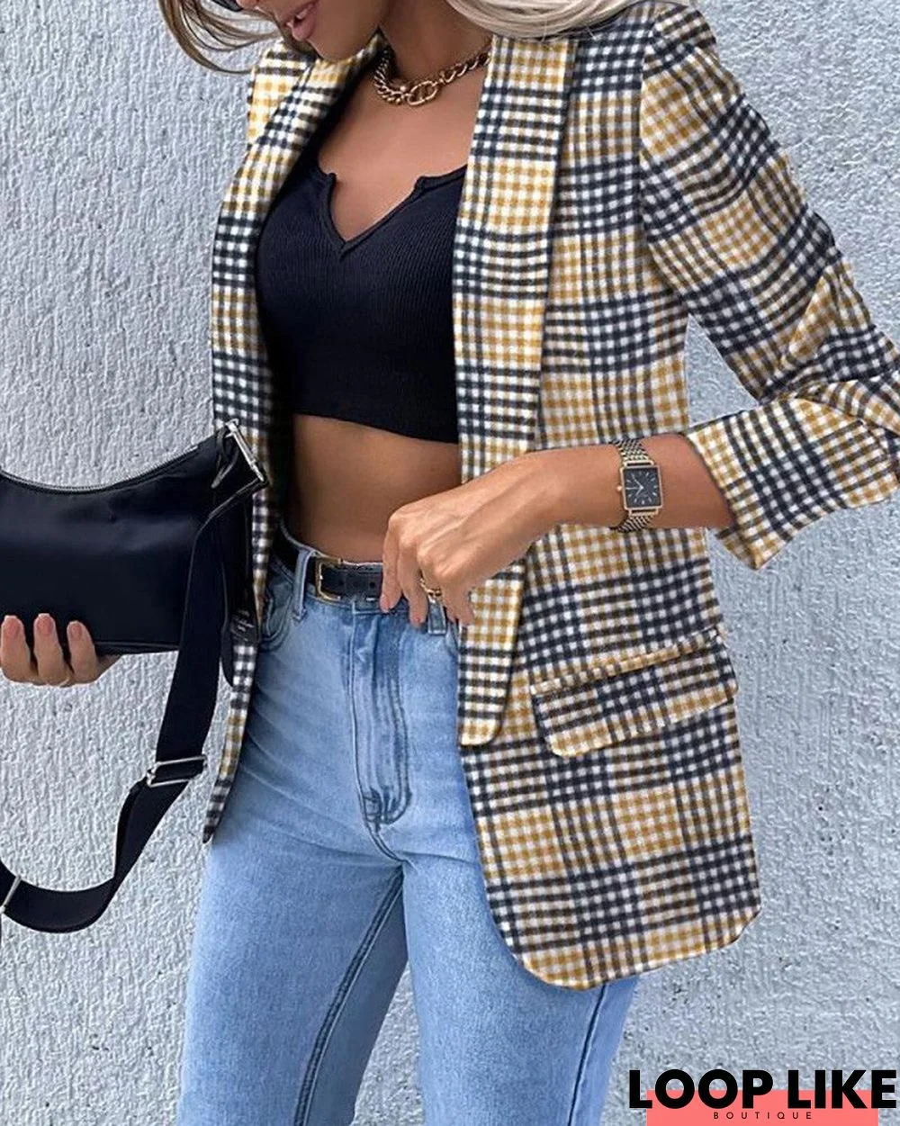 Plaid Print Long Sleeve Blazer Coat