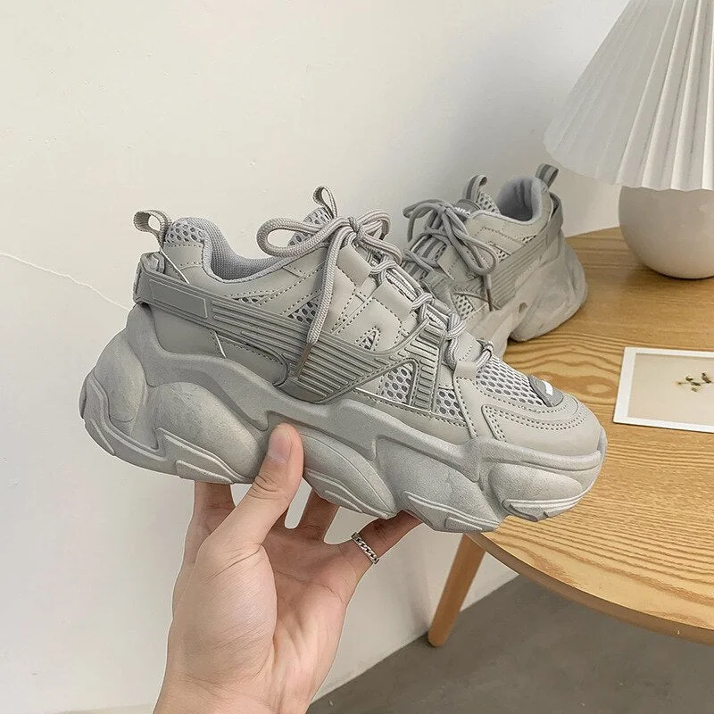 Fashion Women Sneakers Mesh Chunky Sneakers Casual Shoes Autumn 2021 Comfortable Thick Sole White Dad Flats Platform Shoes
