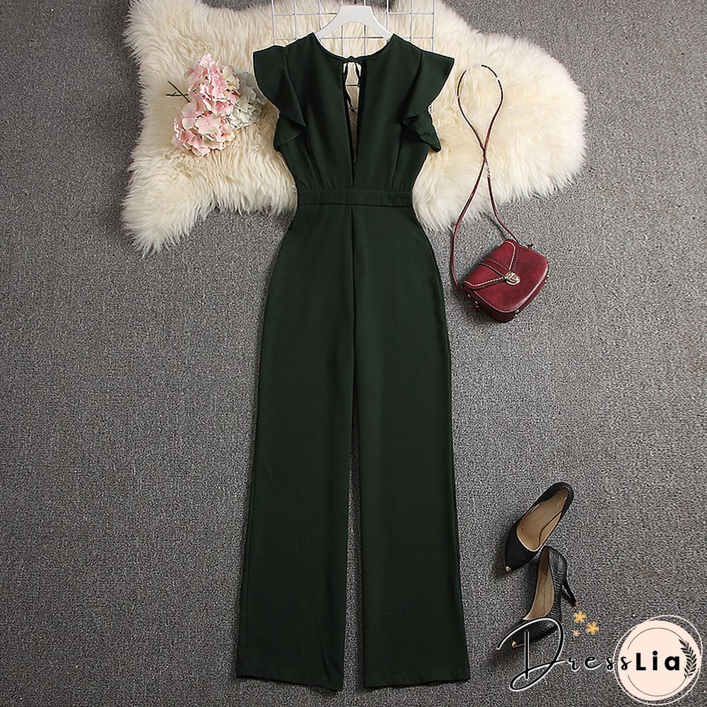 ALPHALMODA Summer Women Deep V-neck Sexy Jumpsuits Solid Color Straight Full Length Pants Ladies Party Overall Outfit