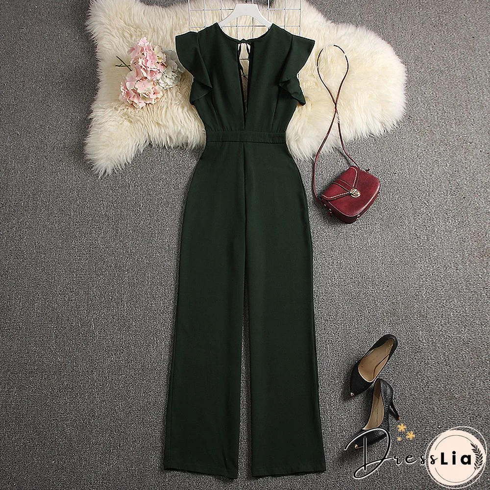 ALPHALMODA Summer Women Deep V-neck Sexy Jumpsuits Solid Color Straight Full Length Pants Ladies Party Overall Outfit