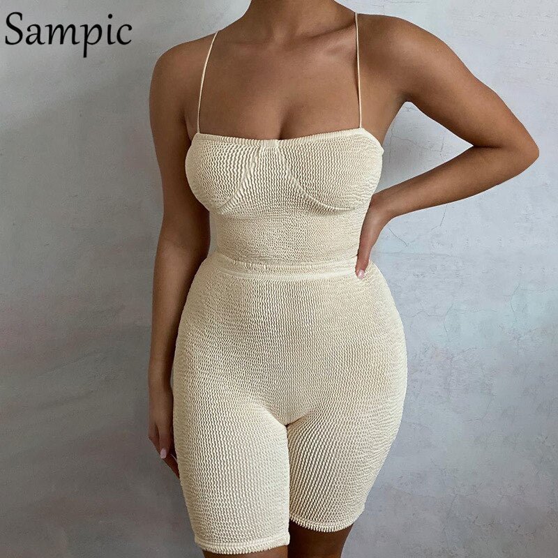 Sampic Knitted Summer Women Casual Tracksuit Skinny Shorts Set Lounge Wear Strap Sport Tops And Mini Biker Shorts Two Piece Set