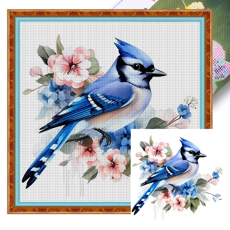 Flowers And Blue Tit 18CT (20*20cm)  Stamped Cross Stitch gbfke
