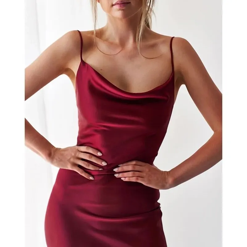 Summer 2022 Women's dress Satin emo Slip Sexy Dress Spaghetti Straps Burgundy Black Sleeveless Vintage Party Female Dress y2k