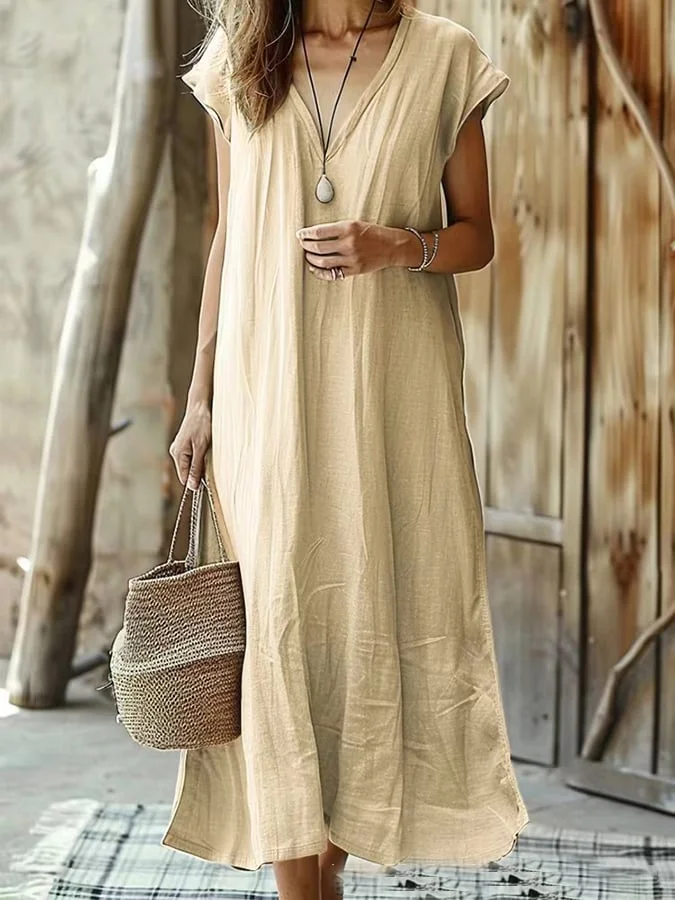 Women's Cotton And Linen Solid Color V-Neck Ultra Short-Sleeved Mid-Length Dress