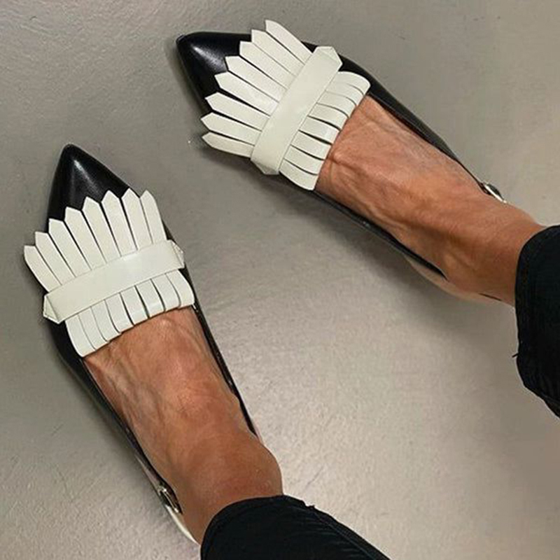 Casual Black Pointed Toe Slingback Flats with White Fringe