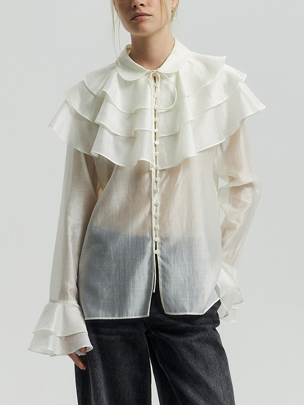 Artistic Ruffled Long Sleeve Tiered Neckline Blouse