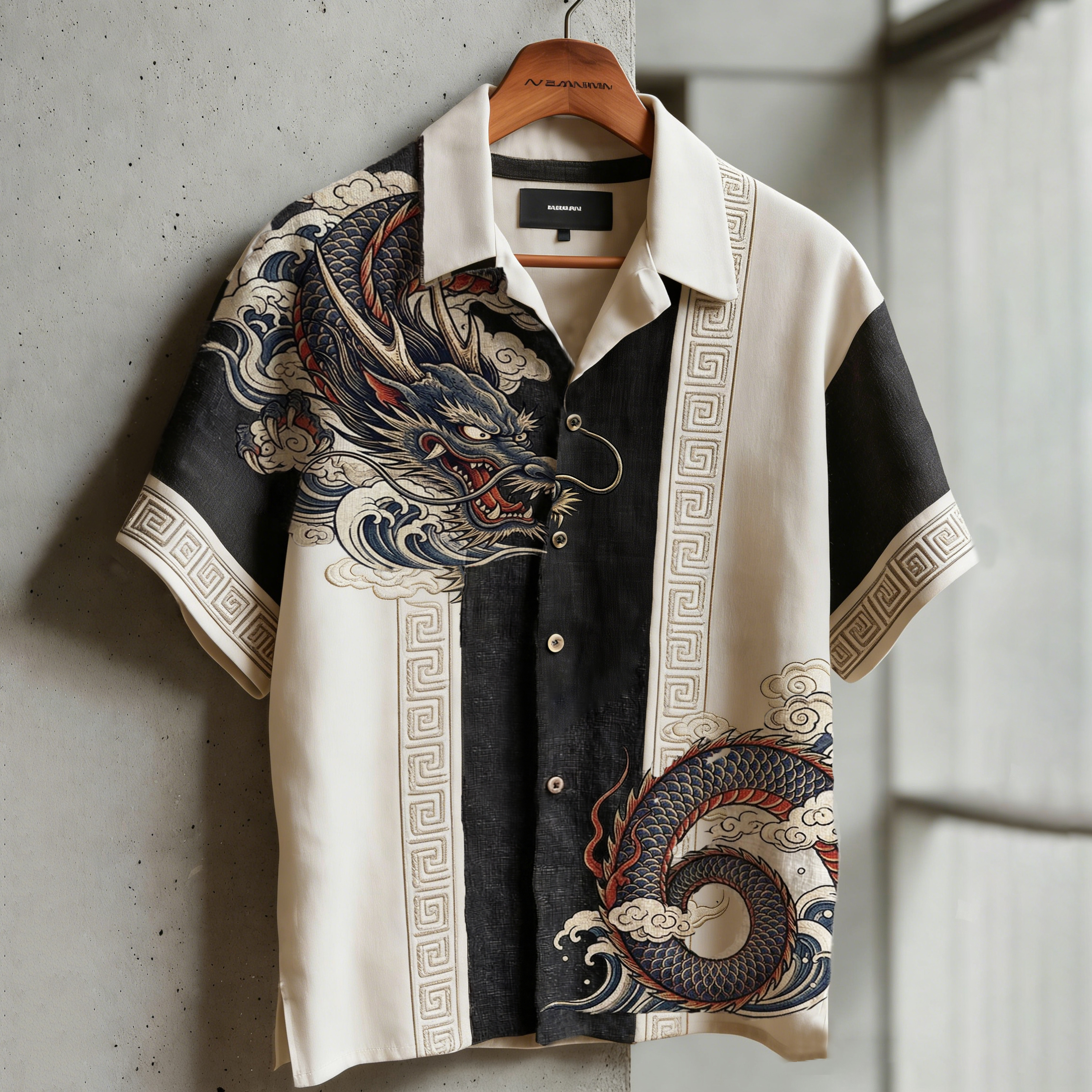 Men's Retro Dragon Color-block Design Short-sleeve Shirt elevenforest