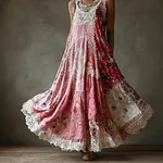 Vintage Boho Floral Pattern Lace Patchwork Linen Maxi Tank Dress - Image 2