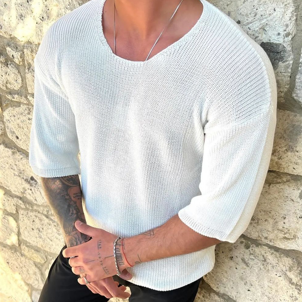 Knitted Wool 3/4 Sleeve Solid T-Shirt