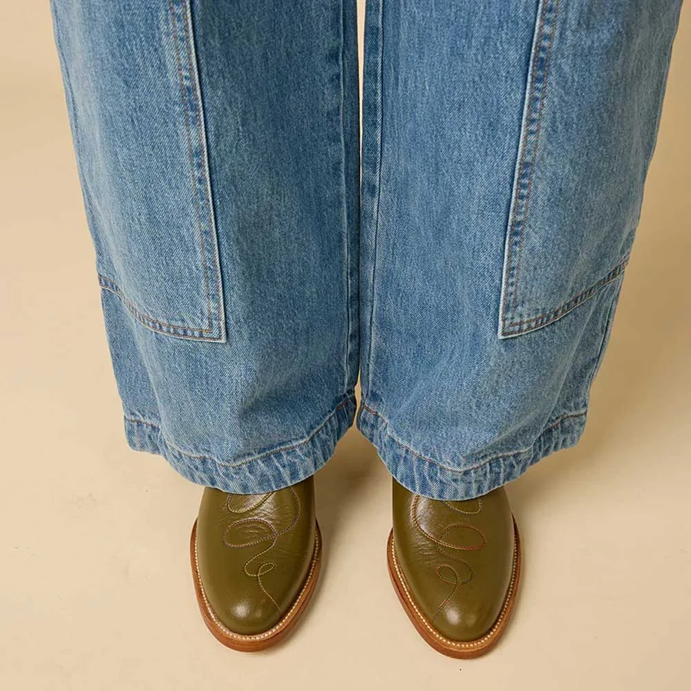 Olive Closed Toe Zipper Embroidered Ankle Cowgirl Boots for Women