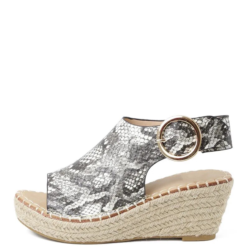 TAAFO Snake Print Slingback Platform High Wedge Heels Women Sandals Peep Toe Ladies Buckle Strap Shoes 