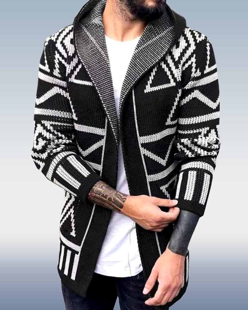 Men's Hooded Jacquard Knit Cardigan Sweater