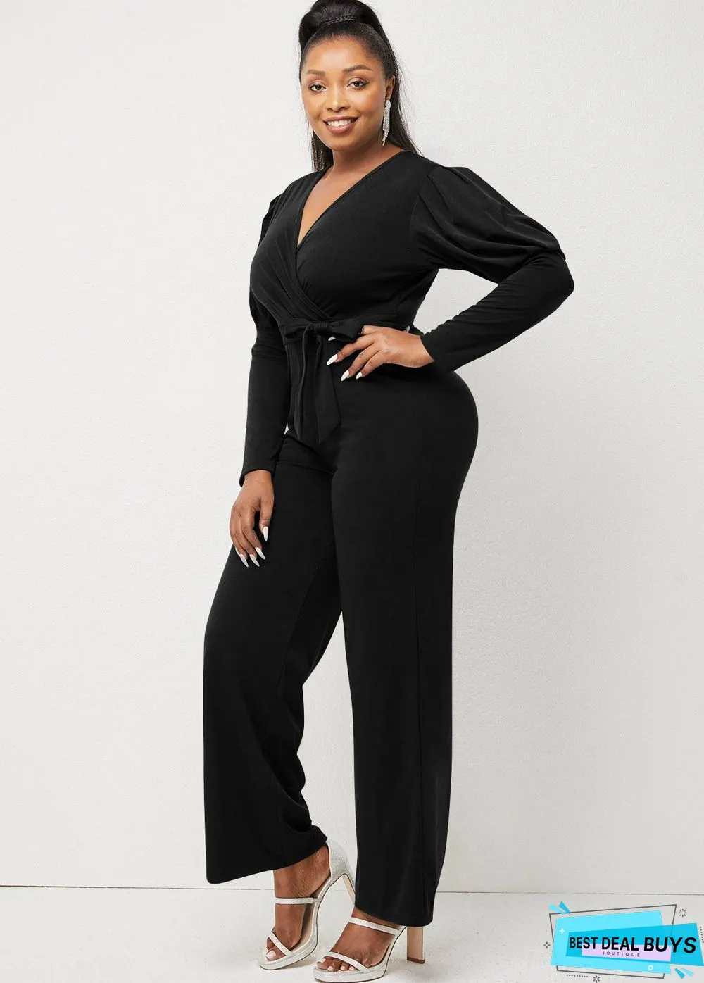 Autumn and Winter Solid Color V-Neck Bubble Sleeve Personalized Casual Wide Leg Jumpsuit