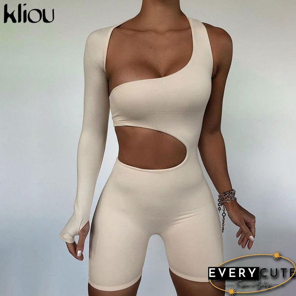 Kliou Asymmetrical Solid Women Rompers Basic Long Sleeve Casual Sportswear Streetwear Female Elastic High Waist Jumpsuits